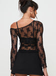 back view of model wearing Princess Polly Velvera Long Sleeve Mesh Top Black Full Sleeves Asymmetric Neckline 