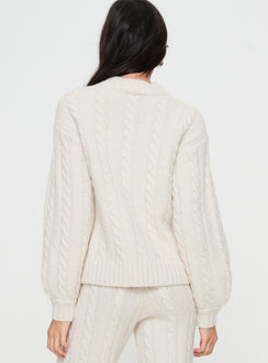 back view of model wearing Princess Polly Sharif Cable Knit Sweater Beige regular 