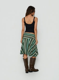 Presenting the Desidera Asymmetrical Midi Skirt Blue Multi Stripe womens-skirts with flared fitted cut back view of model wearing Princess Polly