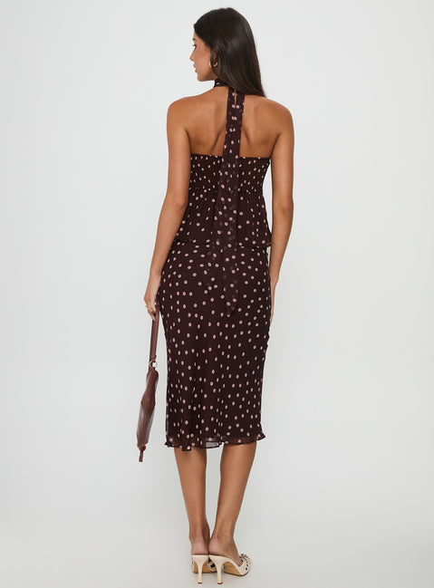 back view of model wearing Princess Polly Sydni Midi Bias Cut Skirt Chocolate / Pink Polka Midi Skirts 