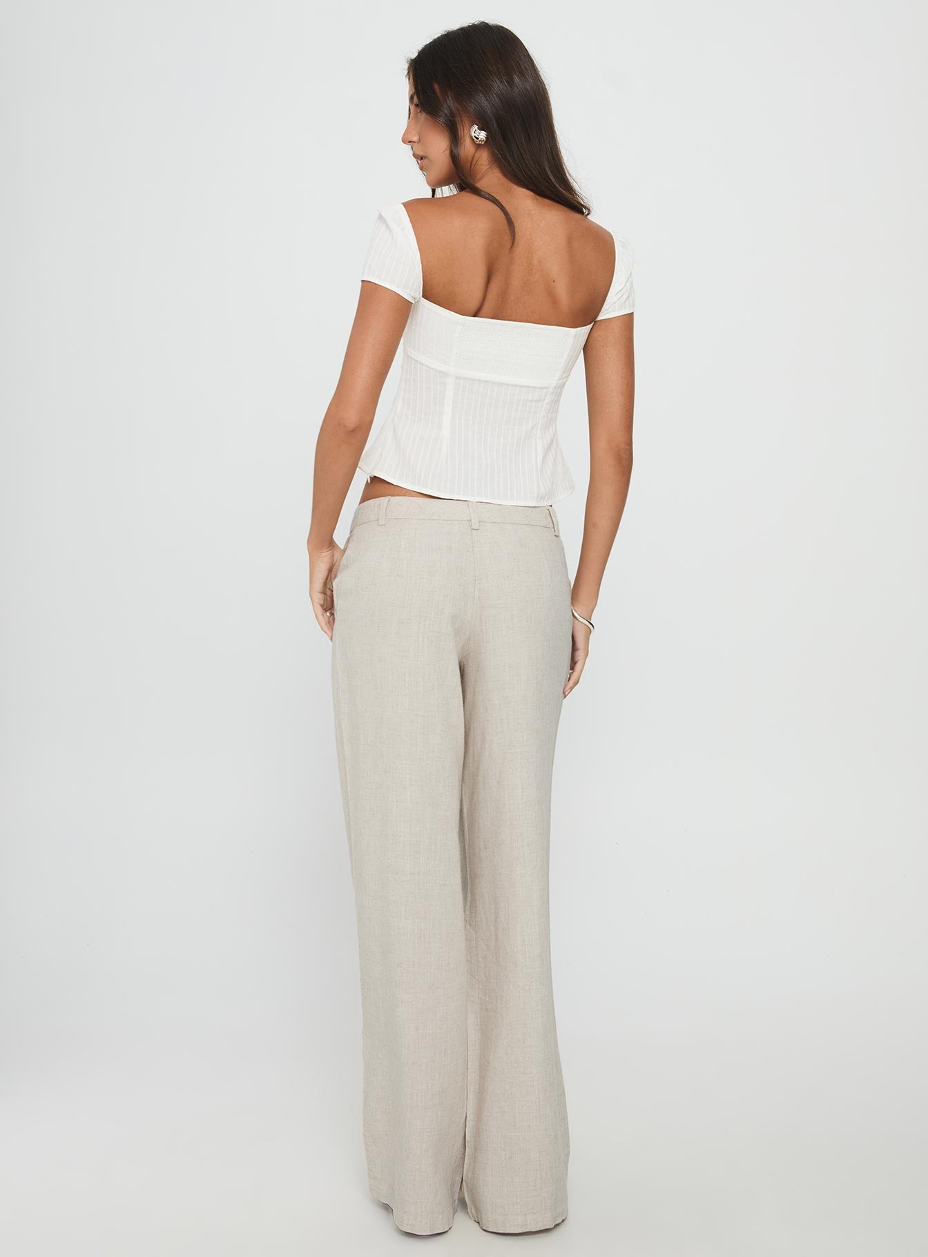 back view of model wearing Princess Polly Syrena Tailored Wide Leg Pant Natural Mid Rise Pants 