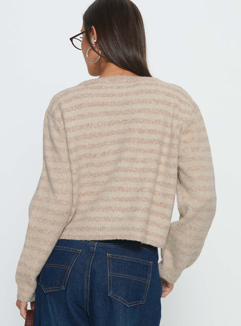 back view of model wearing Princess Polly Raynna Button Up Cardigan Beige Stripe Cropped Jumpers 