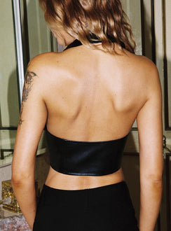 back view of model wearing Princess Polly Fioralba Halter Top Black Sleeveless Plunger 