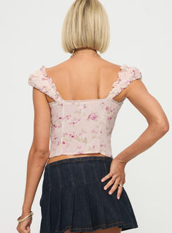 back view of model wearing Princess Polly Rinza Top Pink Floral Short Sleeves Square Neck 