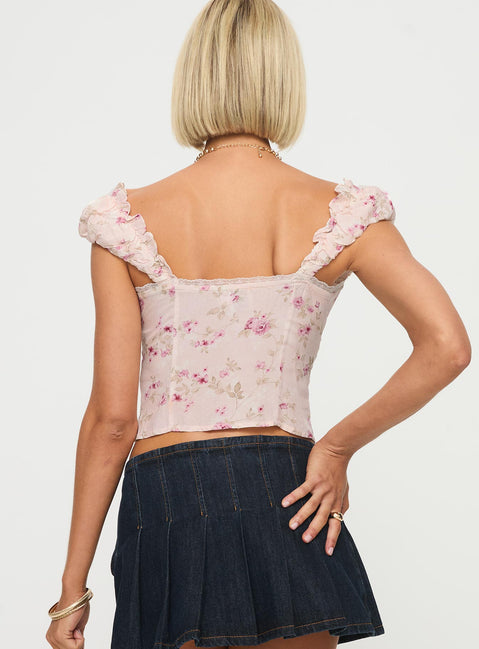 back view of model wearing Princess Polly Rinza Top Pink Floral Short Sleeves Square Neck 