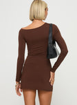 Chocolate long sleeve mini dress Off shoulder style, slim fitting