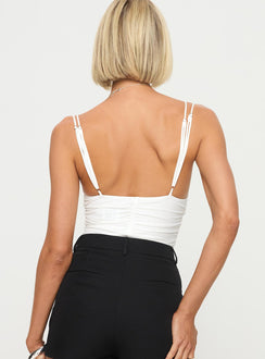 back view of model wearing Princess Polly Corella Bodysuit White Sleeveless Sweetheart 