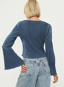 back view of model wearing Princess Polly Collis Long Sleeve Top Blue Full Sleeves V-Neck 