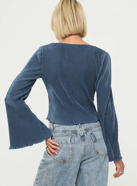 back view of model wearing Princess Polly Collis Long Sleeve Top Blue Full Sleeves V-Neck 