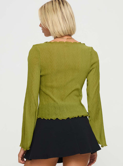 back view of model wearing Princess Polly Undone Long Sleeve Top Green Full Sleeves Scoop Neck 
