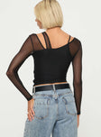 back view of model wearing Princess Polly Fulfilled Long Sleeve Top Black Full Sleeves Asymmetric Neckline 