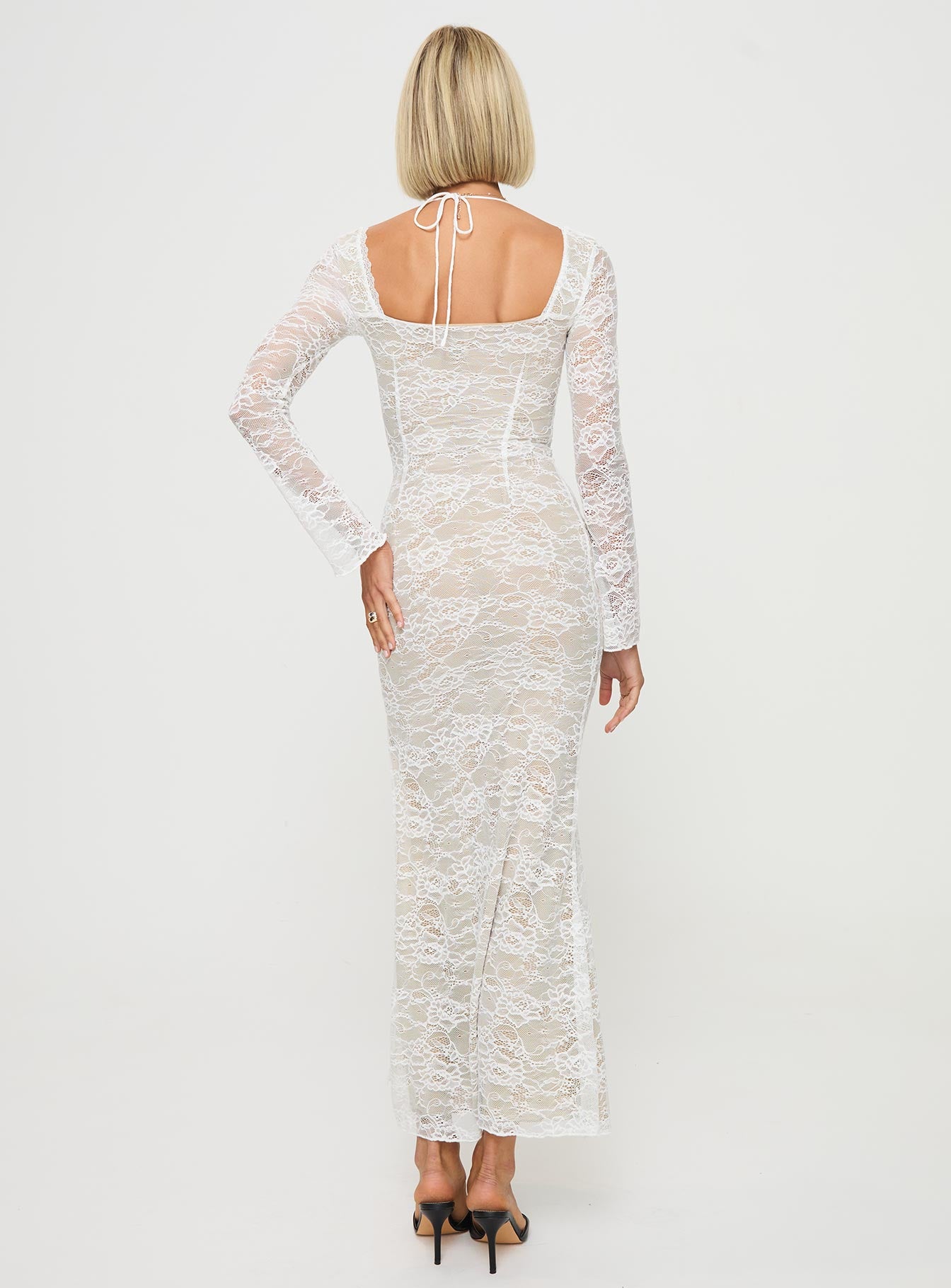 back view of model wearing Princess Polly Aubriella Lace Maxi Dress Cream Sweetheart Neckline 