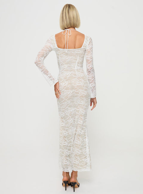 back view of model wearing Princess Polly Aubriella Lace Maxi Dress Cream Sweetheart Neckline 