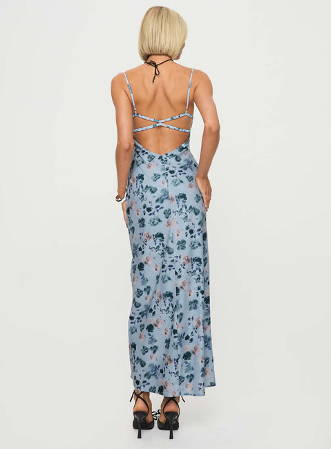 back view of model wearing Princess Polly Ravia Maxi Dress Blue / Floral Square Neck 