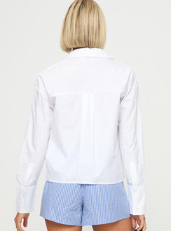 back view of model wearing Princess Polly Kellot Shirt White Full Sleeves V-Neck 