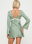 Silky long sleeve mini dress V neckline, lace trim, tie fastening at back, invisible zip fastening at side