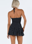 back view of model wearing Princess Polly Delamere Mini Dress Black / White Petite Straight Neck 