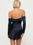 back view of model wearing Princess Polly Sadee Long Sleeve Mini Dress Navy Straight Neck 