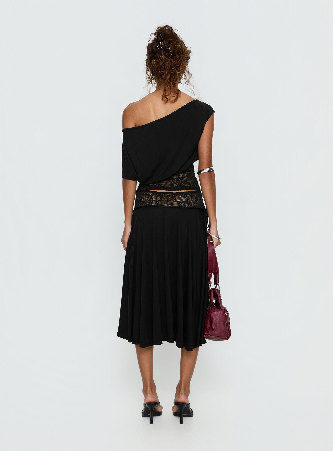 back view of model wearing Princess Polly Marienna Lace Midi Skirt Black Midi Skirts 