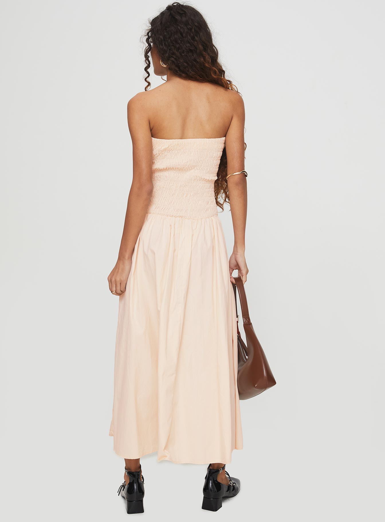 back view of model wearing Princess Polly Atara Maxi Dress Cream Straight Neck 