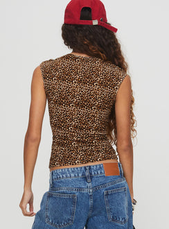 back view of model wearing Princess Polly Lure Top Leopard Sleeveless Crew Neck 