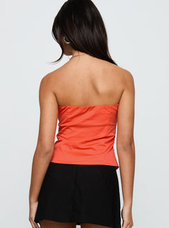 back view of model wearing Princess Polly Diamonds Are Forever Strapless Top Orange Sleeveless Sweetheart 