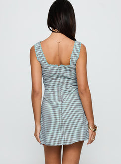 back view of model wearing Princess Polly Dasha Mini Dress Blue / Brown Check Square Neck 