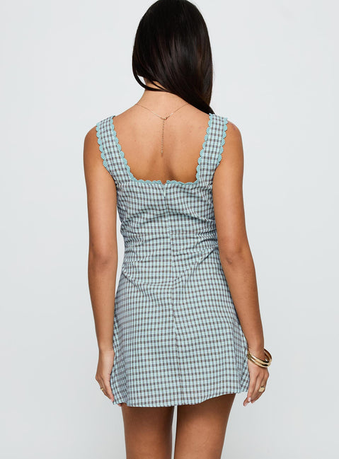 back view of model wearing Princess Polly Dasha Mini Dress Blue / Brown Check Square Neck 