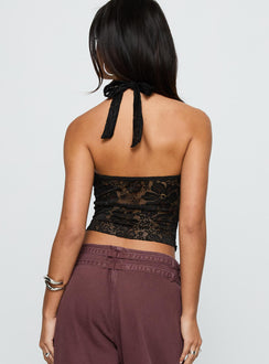 back view of model wearing Princess Polly Alviera Lace Halter Top Black Sleeveless V-Neck 