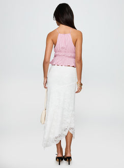 back view of model wearing Princess Polly Freebirds Lace Midi Skirt White Midi Skirts 