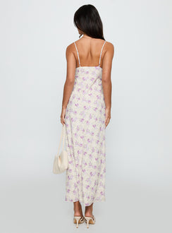 back view of model wearing Princess Polly Jessamine Frill Maxi Dress White / Lilac Plunger 
