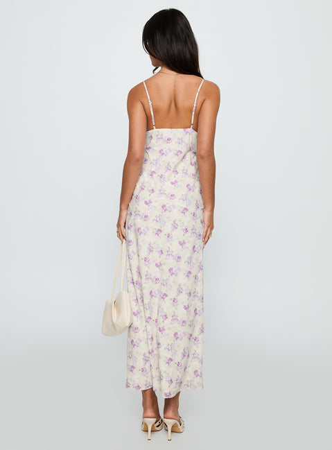 back view of model wearing Princess Polly Jessamine Frill Maxi Dress White / Lilac Plunger 