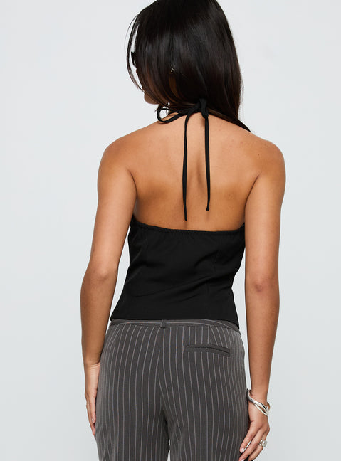 back view of model wearing Princess Polly No Sleep Halter Top Black Sleeveless V-Neck 