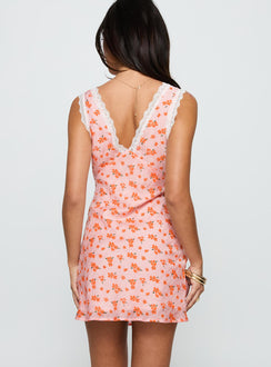 back view of model wearing Princess Polly Happier Than Ever Lace Mini Dress Pink / Floral V-Neck 