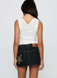 back view of model wearing Princess Polly Standout Patch Detail Denim Skort Blue Mini Skirts 