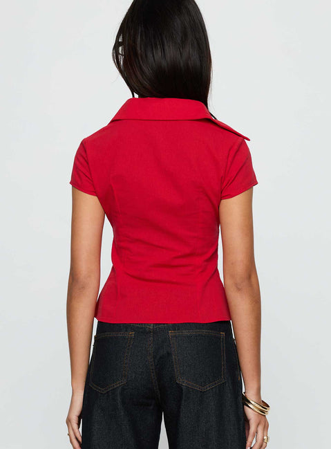 back view of model wearing Princess Polly Cottesloe Blouse Top Red Short Sleeves V-Neck 