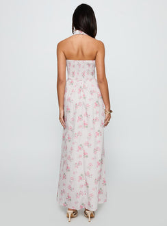 back view of model wearing Princess Polly Sunfields Halter Maxi Dress Multi Square Neck 