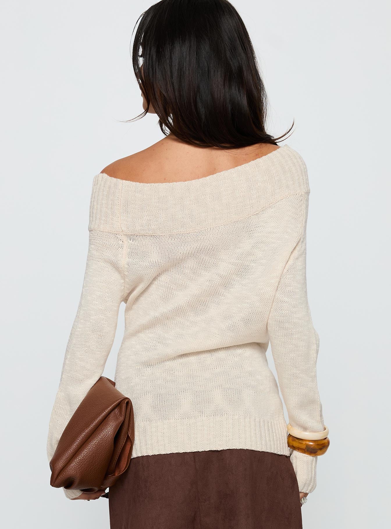 back view of model wearing Princess Polly Alyxandra Off Shoulder Knit Sweater Beige Long 