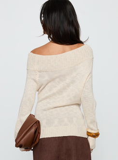 back view of model wearing Princess Polly Alyxandra Off Shoulder Knit Sweater Beige Long 