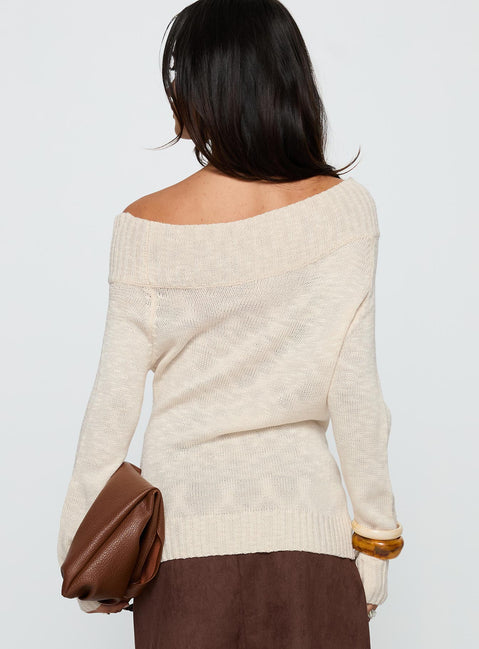 back view of model wearing Princess Polly Alyxandra Off Shoulder Knit Sweater Beige Long 