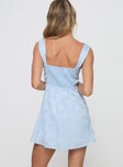 back view of model wearing Princess Polly Mortes Mini Dress Blue Sweetheart Neckline 