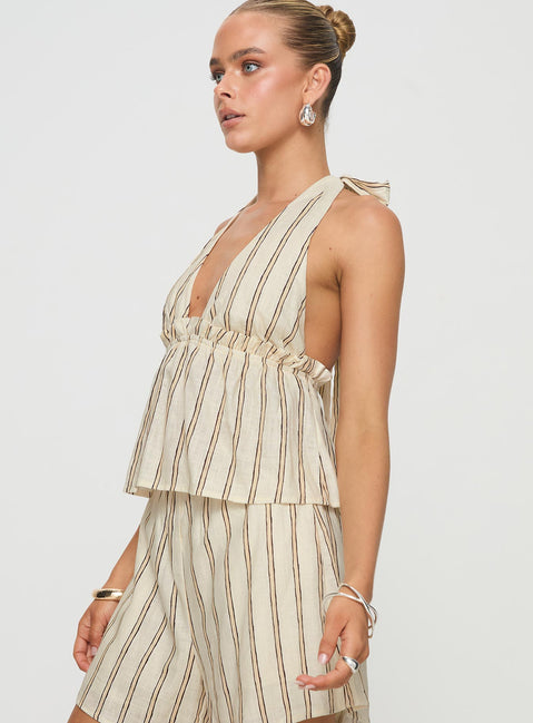 Striped linen set Halter neck top, tie fastening, elasticated band under bust, v-neckline