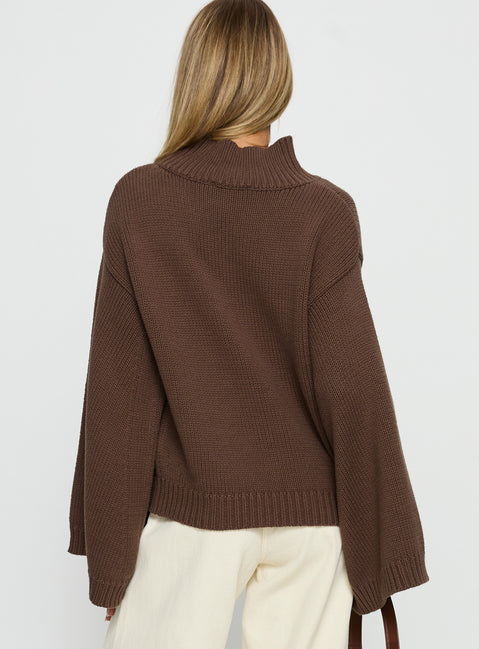 back view of model wearing Princess Polly Neriel Funnel Neck Knit Sweater Chocolate Long 
