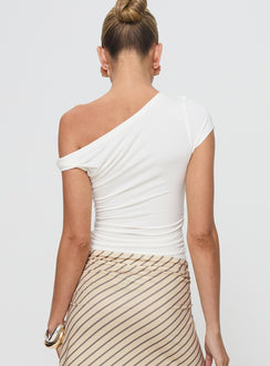 back view of model wearing Princess Polly Fabre Top White Short Sleeves Asymmetric Neckline 