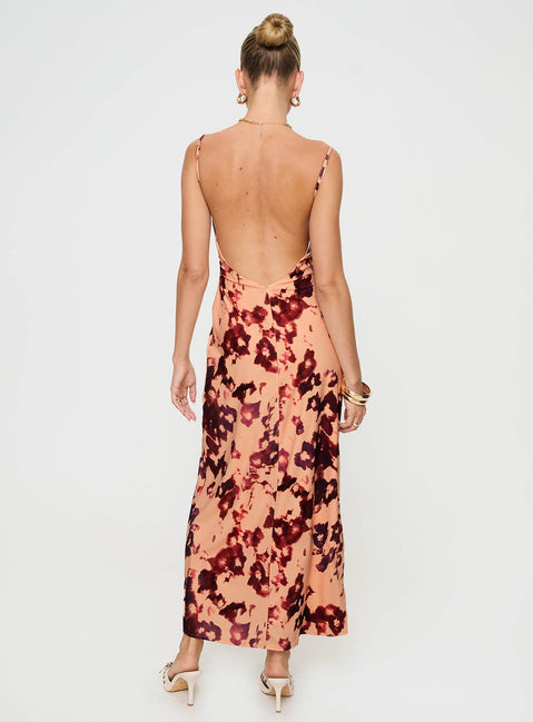 back view of model wearing Princess Polly Gracele Maxi Dress Pink Floral Cowl Neck 