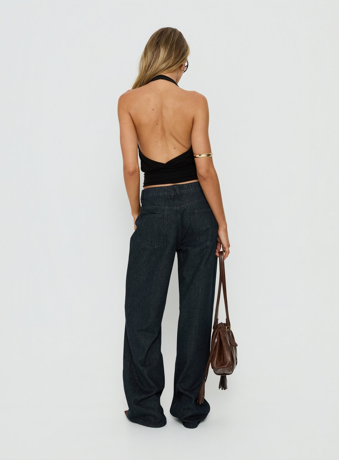 Designed with Penny Mid Rise Straight Leg Jeans Raw Denim in womens-jeans back view of model wearing Princess Polly