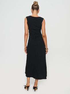 back view of model wearing Princess Polly Chosen Girl Linen Blend Midi Dress Black Square Neck 