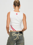 back view of model wearing Princess Polly Fast 67 Tank Top White / Red Sleeveless Crew Neck 