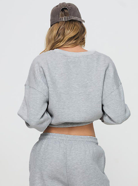 back view of model wearing Princess Polly Dream Fleece Classic Crewneck Sweatshirt Grey Marle 