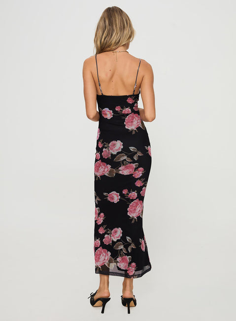 back view of model wearing Princess Polly Manolis Maxi Dress Black / Floral V-Neck 
